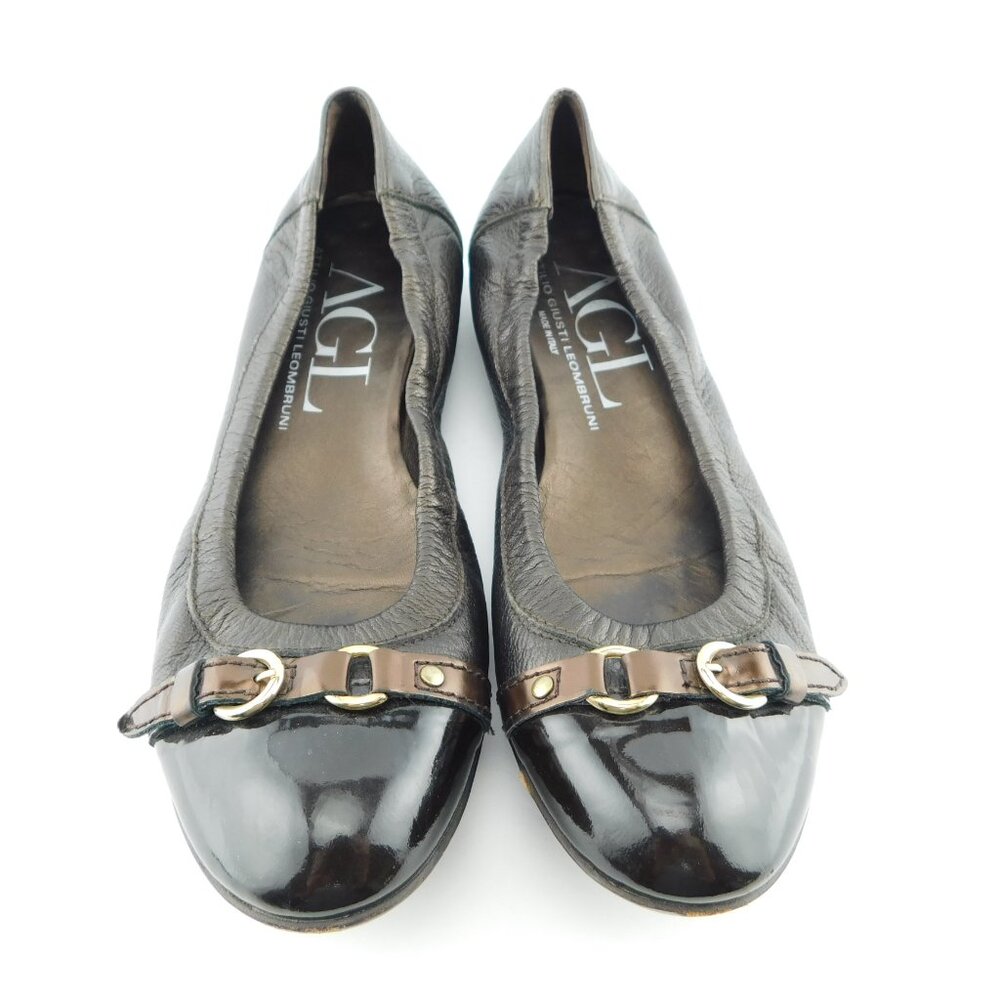 AGL Attilio Giusti Leombruni Brown Leather Belted Cap Toe Ballet Flats 38.5